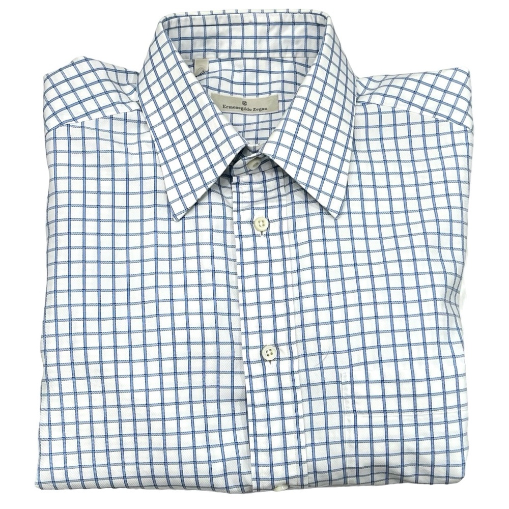 ERMENEGILDO ZEGNA WHITE WITH BLUE CHECKERBOARD COTTON DRESS SHIRT